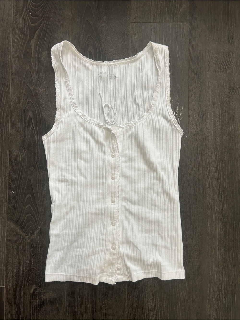 aerie Women's White Ribbed Button-Front Tank Top with Lace Trim